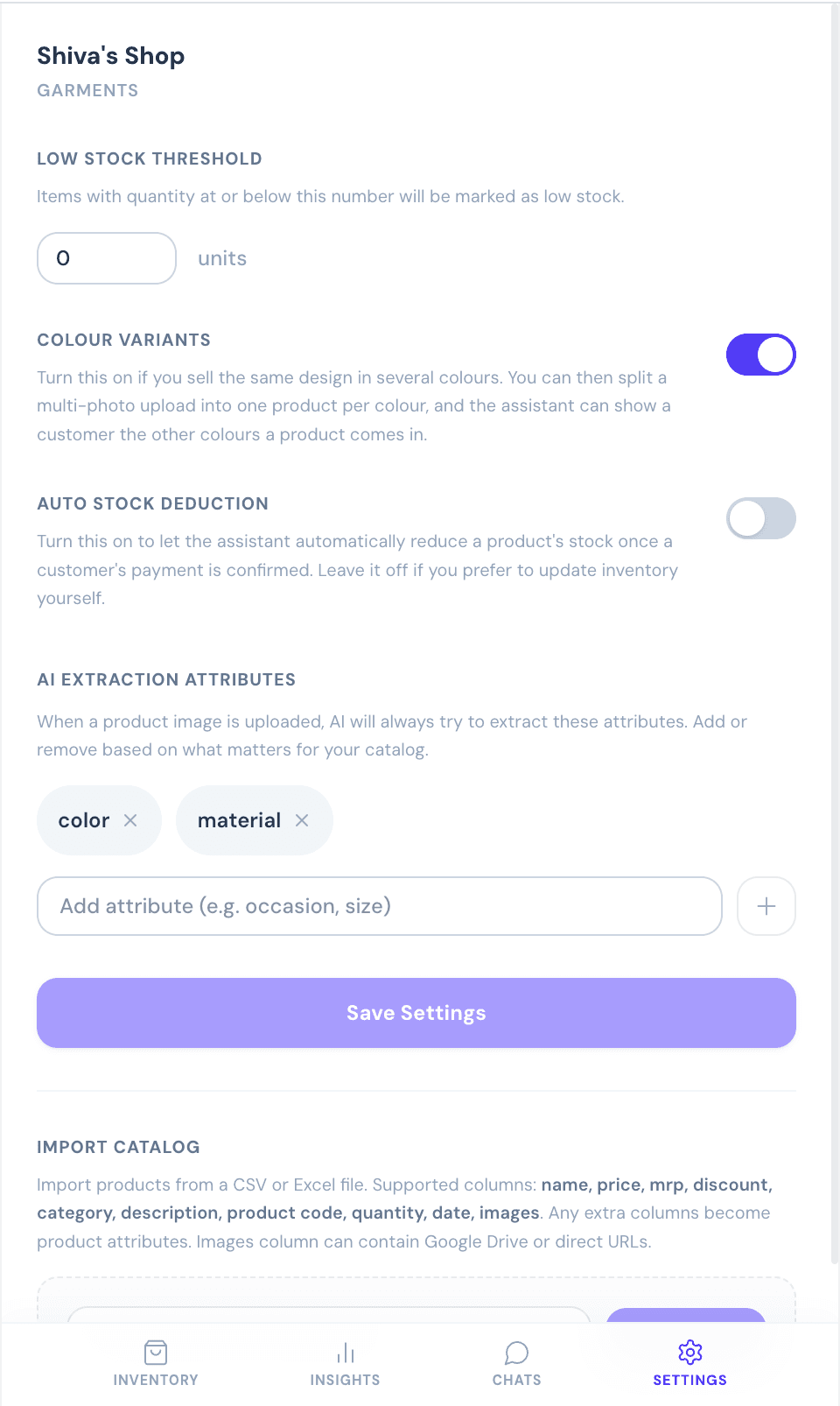 Catalog Settings tab showing the Auto Stock Deduction toggle