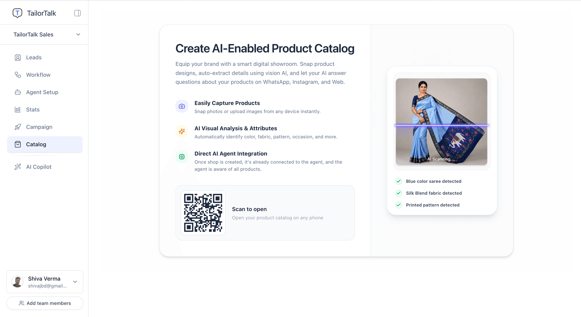 TailorTalk Catalog dashboard with QR code to scan