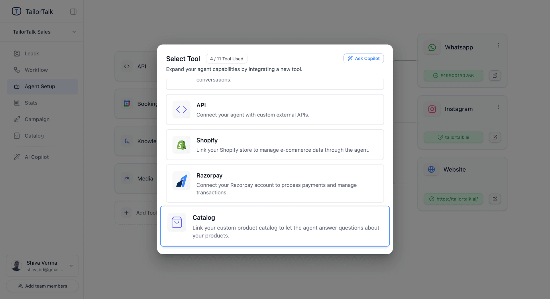 Select Tool modal showing the Catalog option
