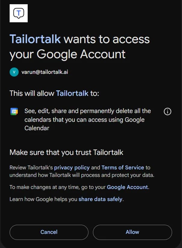 Google permissions consent screen