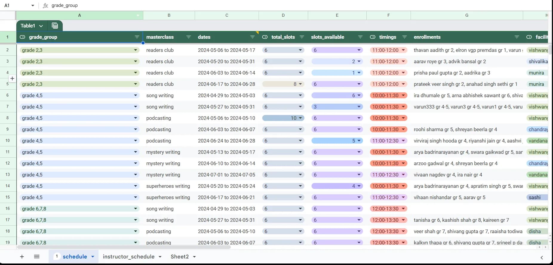 Example Google Sheet connected to TailorTalk Agent
