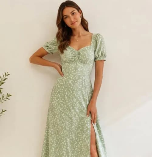Ditsy puff-sleeve midi in sage
