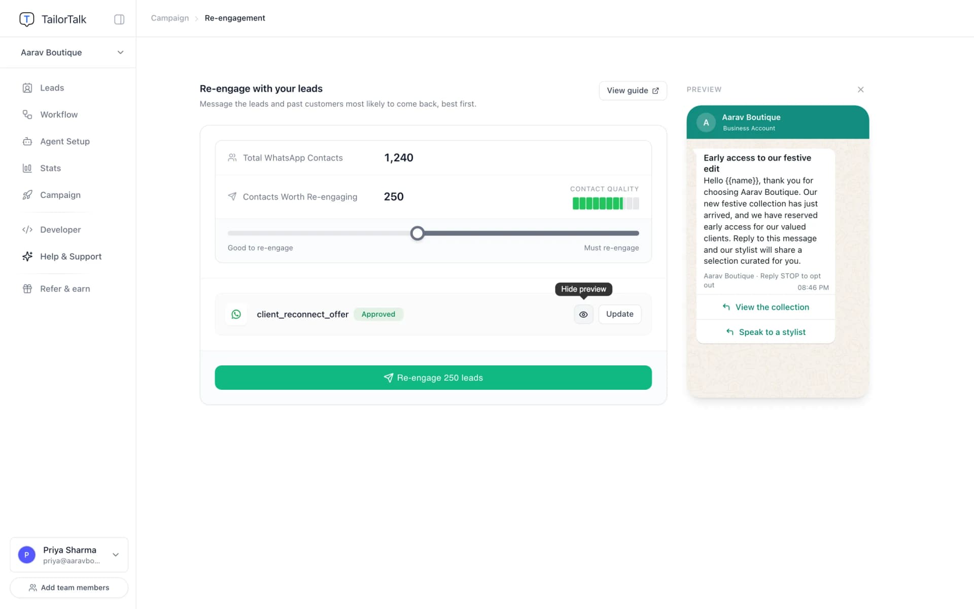 Template preview beside the re-engagement page