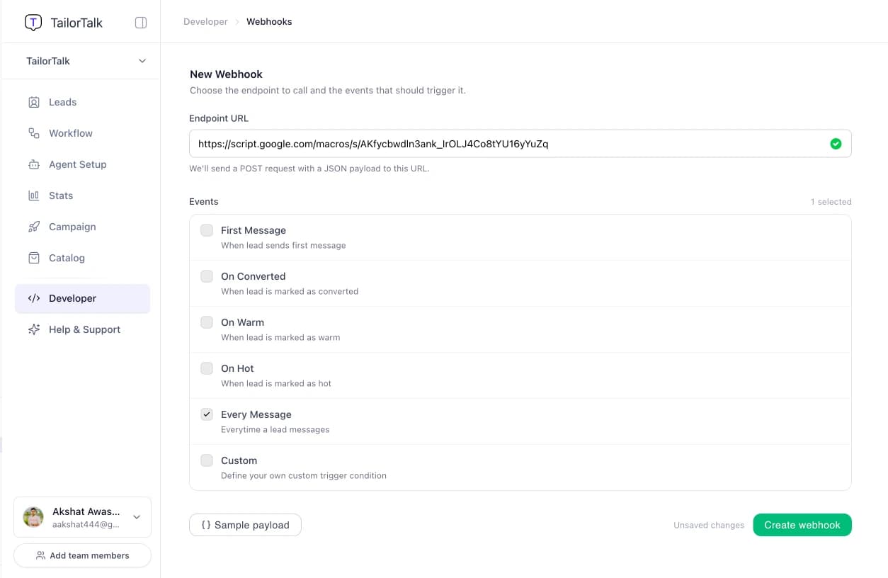 TailorTalk configure webhook dialog with webhook URL and trigger options
