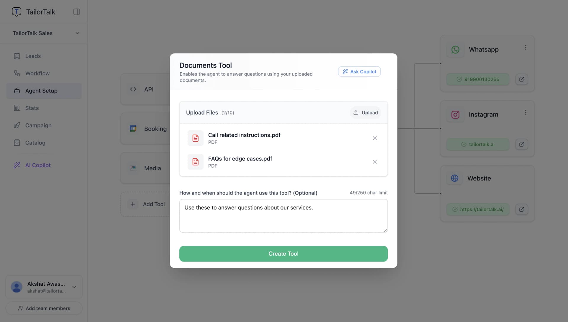 TailorTalk Agent Documents Tool Interface
