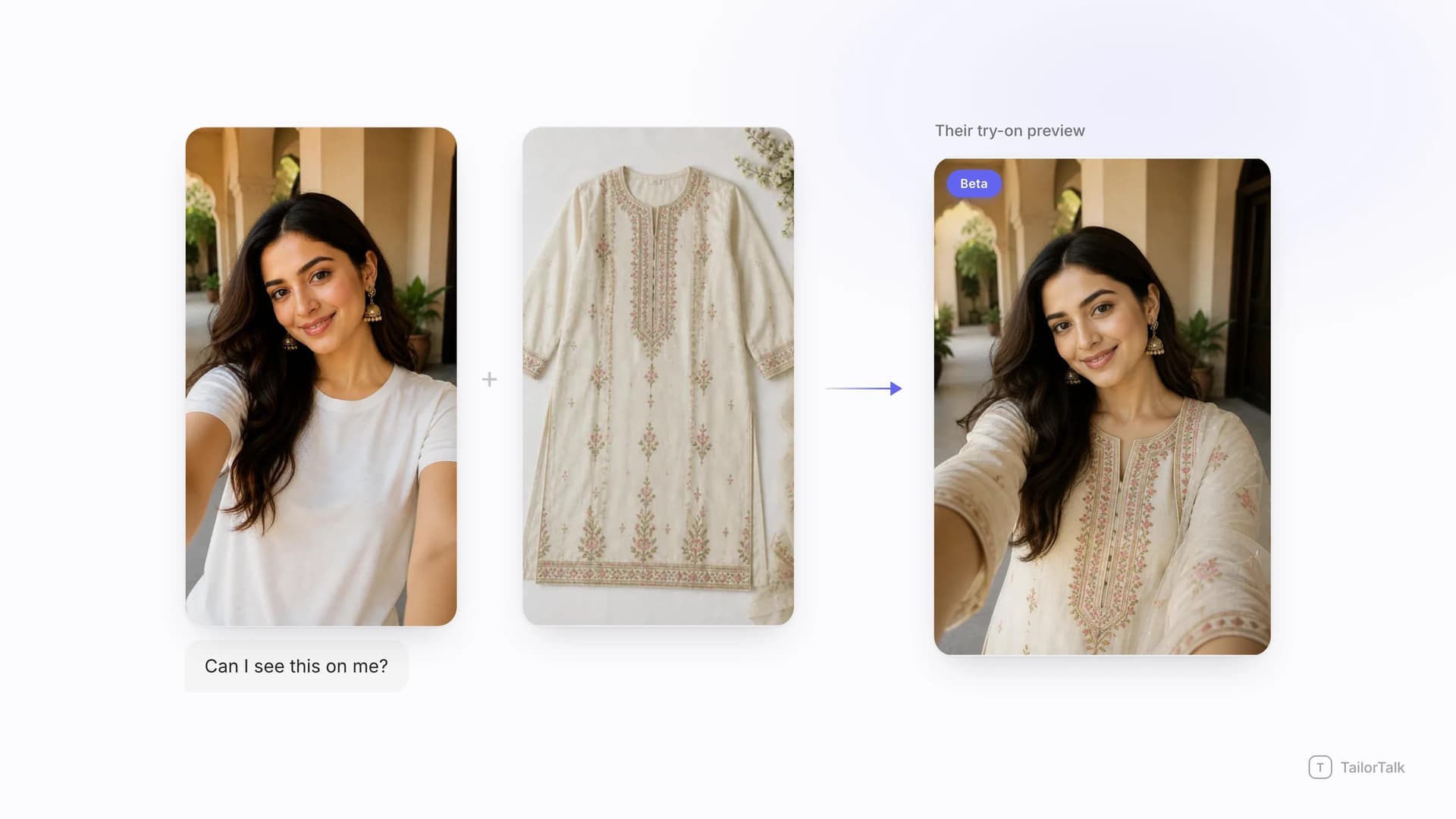 Virtual try-on for fashion brands: a shopper's selfie plus an embroidered kurta from the catalogue, generated into an AI try-on preview inside chat