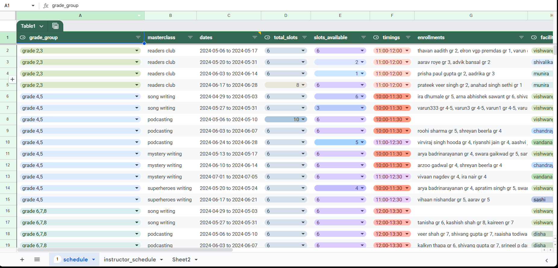 Example Google Sheet connected to TailorTalk Agent